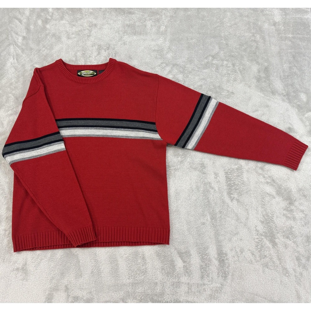 White Out Sweater Mens Large Red Striped Crewneck Knit Pullover Acrylic Warm